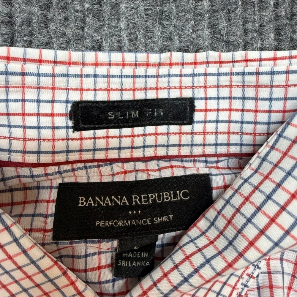 Banana Republic Tech Stretch Shirt Mens L Slim Fit Red Blue Plaid Button Down